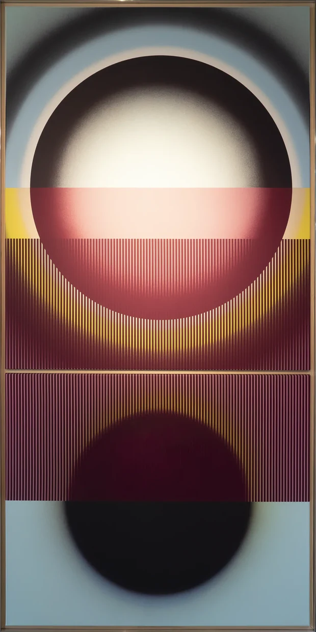 Pi Square Emanations diptych panel Love with layered circular form and structural color tension